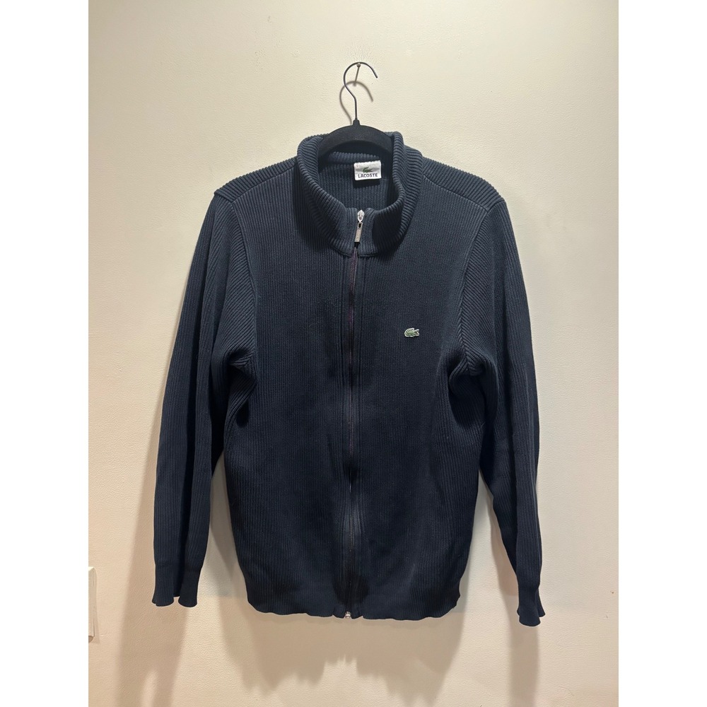 Lacoste Mens‎ Full Zip Ribbed Cotton Sweater Navy Blue Mock Neck Size 5 L